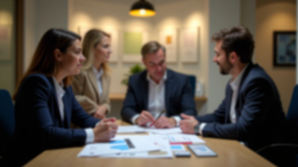 Consultant financier montrant des graphiques et documents à un couple dans un bureau moderne